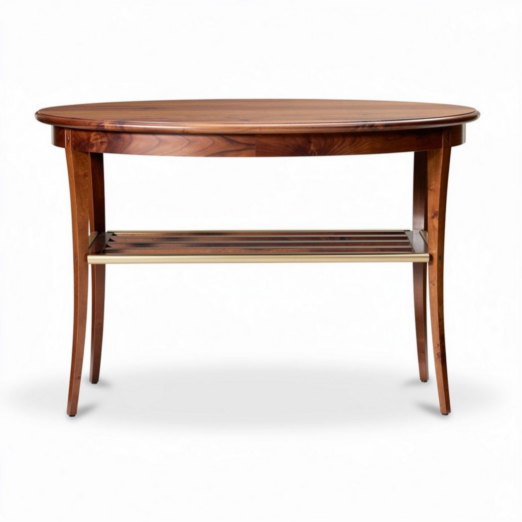 Mesa oval de madeira com prateleira inferior 100 x 60 x 75cm em tom escuro