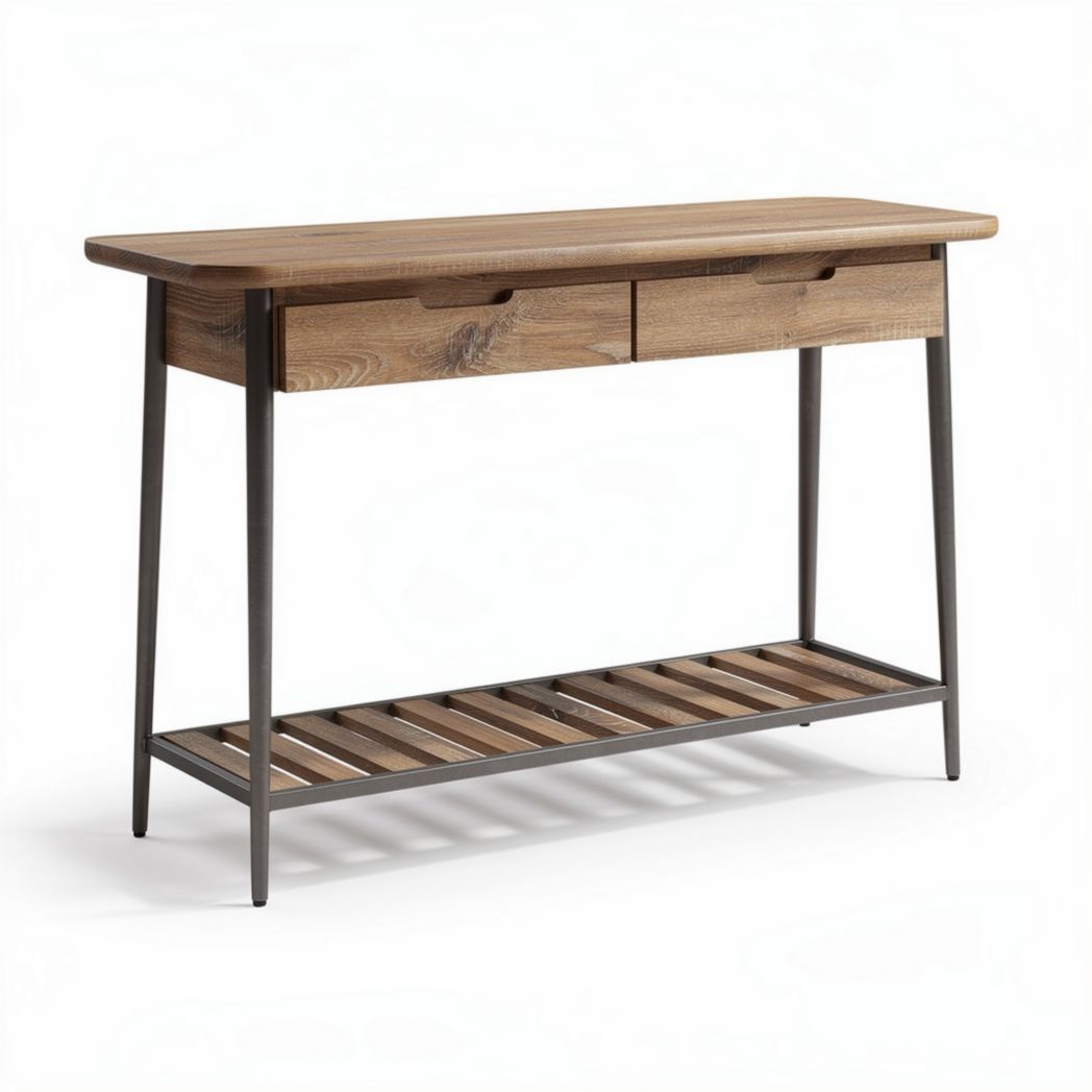 Mesa consola em madeira com duas gavetas e prateleira de metal 120 x 40 x 75cm