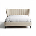 Cama estofada em tecido bege com cabeceira design moderno 200 x 160 x 100cm