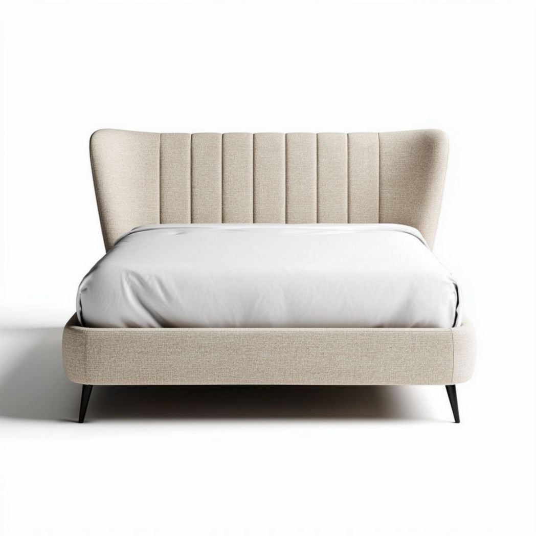Cama estofada em tecido bege com cabeceira design moderno 200 x 160 x 100cm