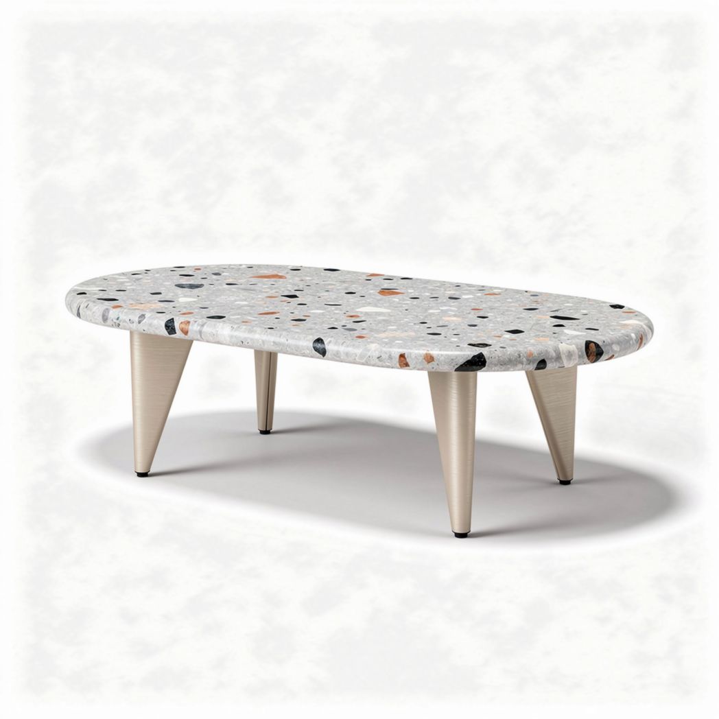 Mesa de centro ovalada em concreto com pés de madeira 120 x 60 x 40cm