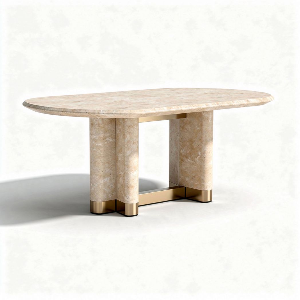Mesa oval em mármore com base em metal dourado 180 x 90 x 75cm